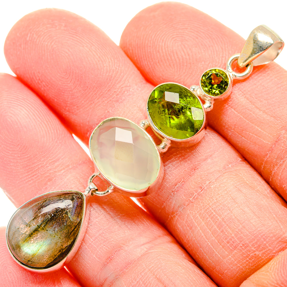 Sterling silver pendant with green peridot rounds, pale prehnite oval, labradorite drop