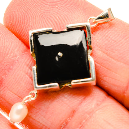 Square black onyx pendant in 925 sterling silver with cultured pearl drop and bail