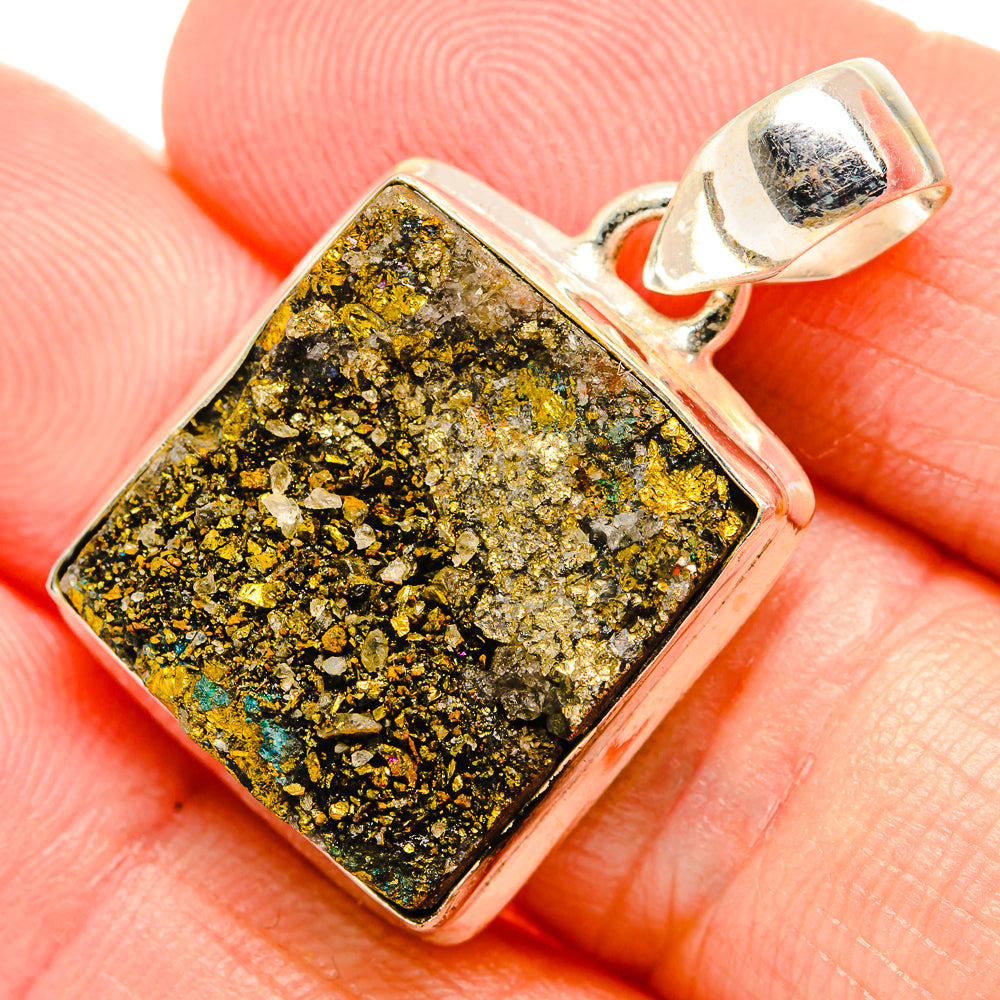 Square pyrite druzy pendant in sterling silver with textured gold-green crystal face