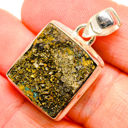 Square pyrite druzy pendant in sterling silver with textured gold-green crystal face