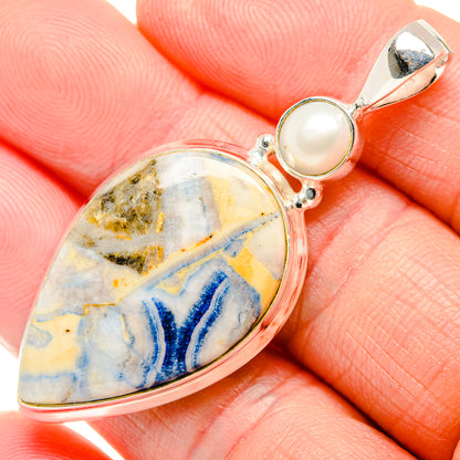 Sterling silver teardrop pendant with blue scheelite and cultured pearl