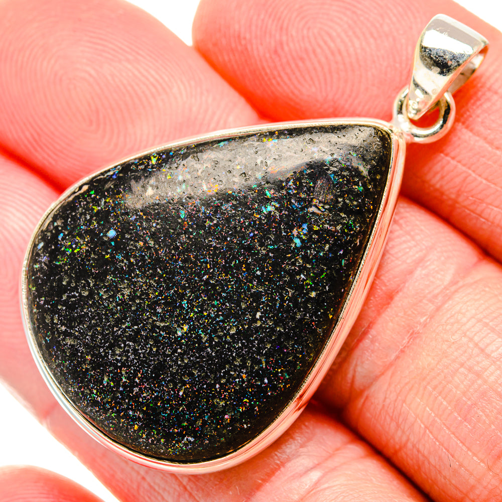 Black opal teardrop pendant with rainbow speckle, 925 sterling silver bezel and bail