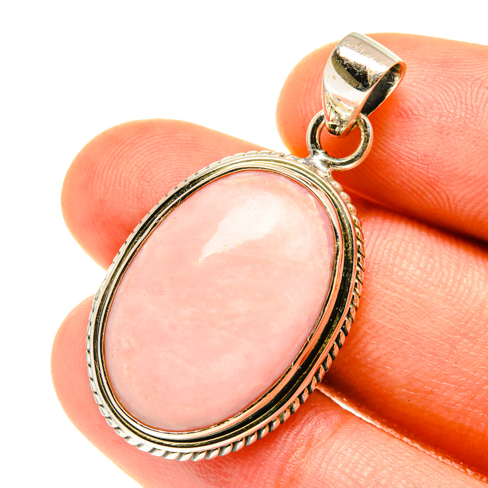 Pink opal pendant in oval 925 sterling silver bezel with bail, pink stone center
