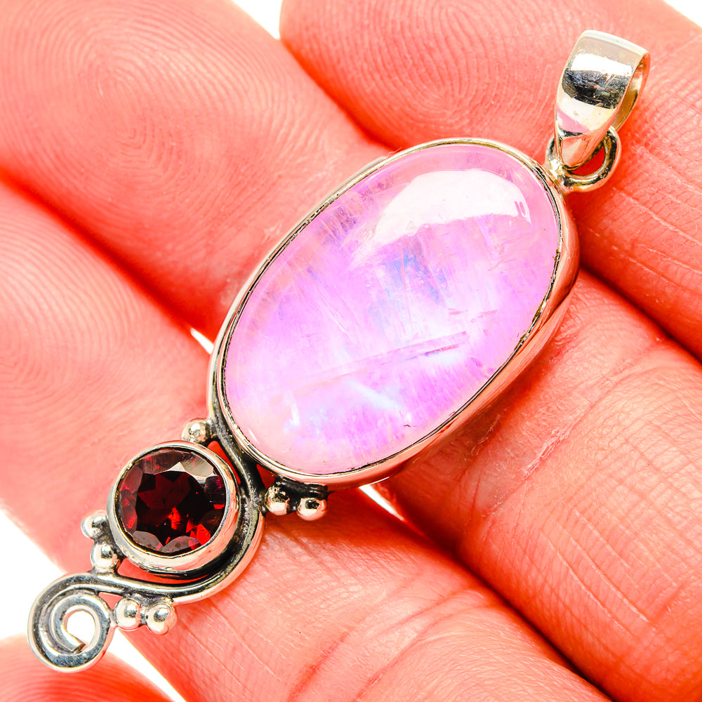 Oval pink moonstone and red garnet pendant in 925 sterling silver, bail at top