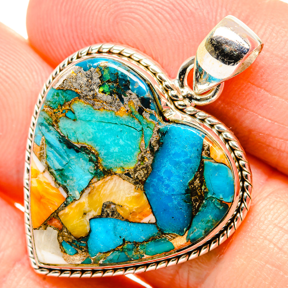 Heart-shaped spiny oyster turquoise pendant with 925 silver bezel and bail detail