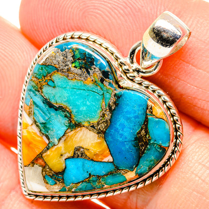 Heart-shaped spiny oyster turquoise pendant with 925 silver bezel and bail detail