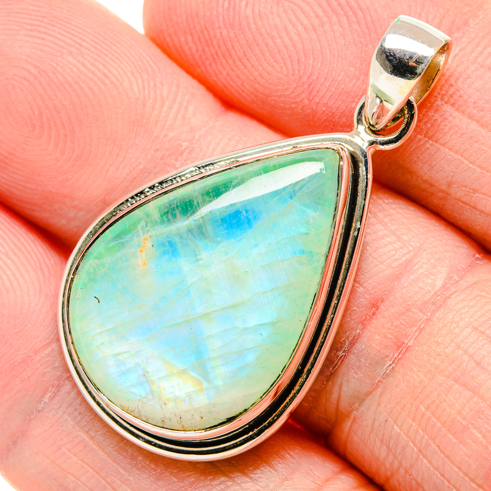 Green moonstone teardrop pendant with sterling silver bezel and bail