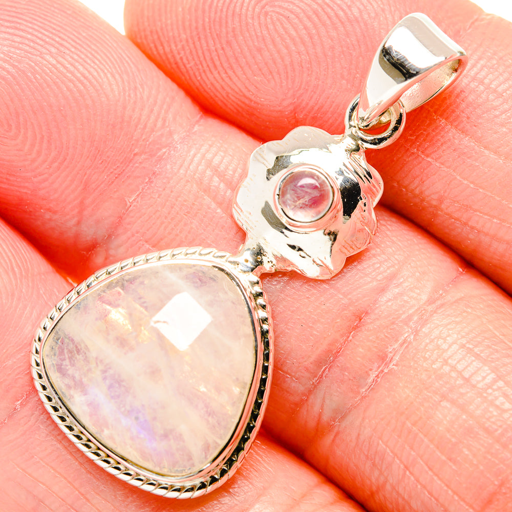Rainbow moonstone pendant in 925 sterling silver, teardrop/heart bezel with bail loop