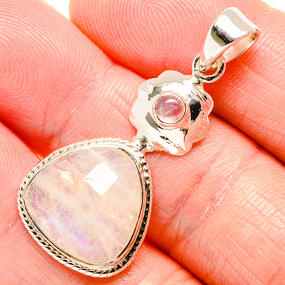Rainbow moonstone pendant in 925 sterling silver, teardrop/heart bezel with bail loop