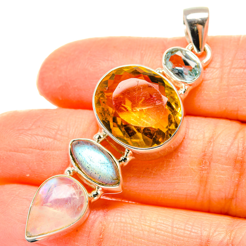 925 sterling silver pendant with amber round stone and two pear cabochons, top bail