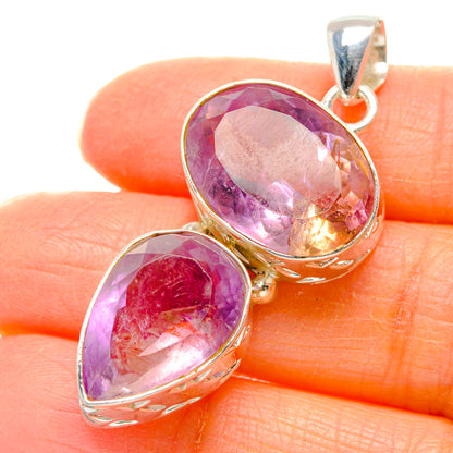 Faceted ametrine pendant with two oval stones in 925 sterling silver bezel, close-up