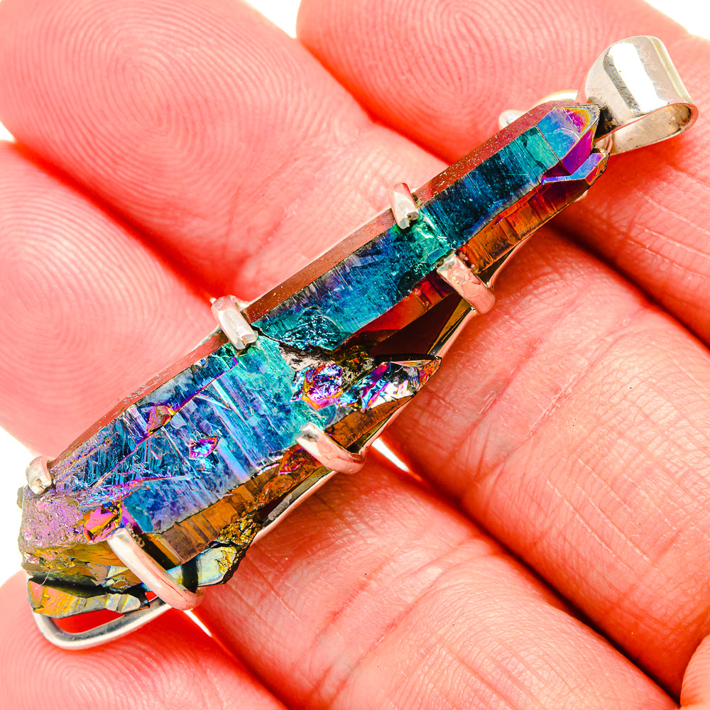 Sterling silver druzy pendant with rainbow blue, purple, and gold crystal slabs
