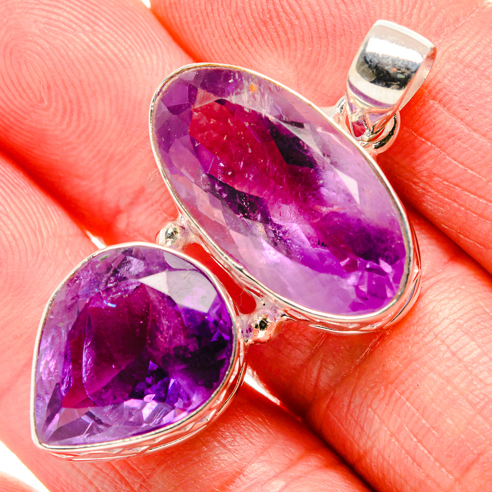 Faceted amethyst double-stone pendant in 925 sterling silver, oval settings, bail loop