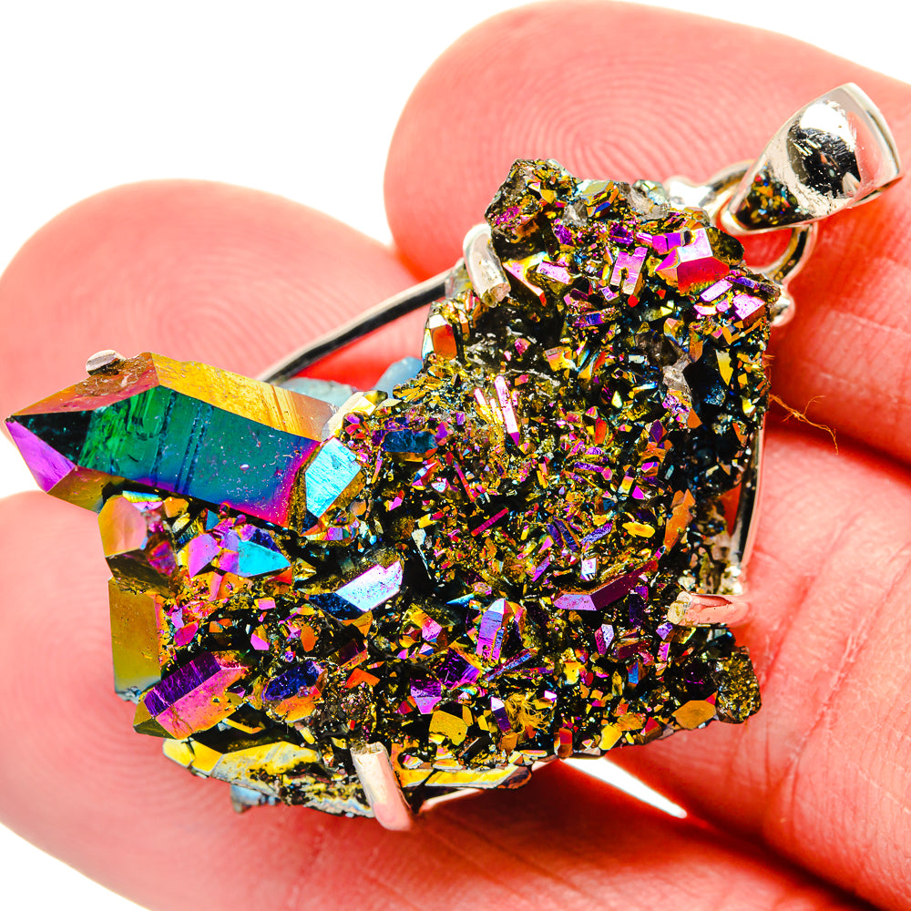 Multicolor druzy pendant with rainbow crystal facets and silver bail, heart-shaped