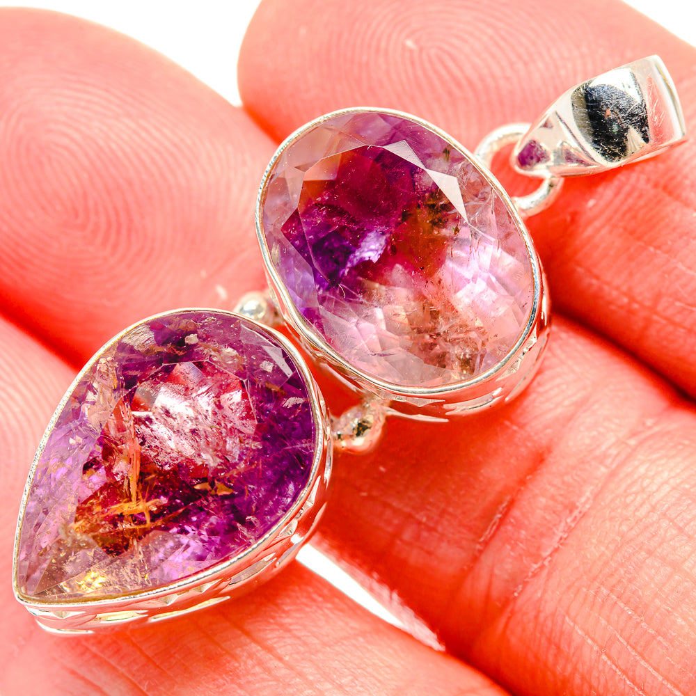 Faceted ametrine pendant in 925 sterling silver, pear and round stones, silver bail