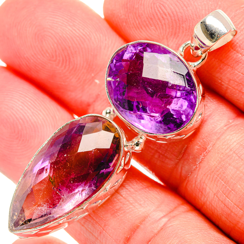 Faceted amethyst pendant in 925 sterling silver, oval and teardrop stones, prong set