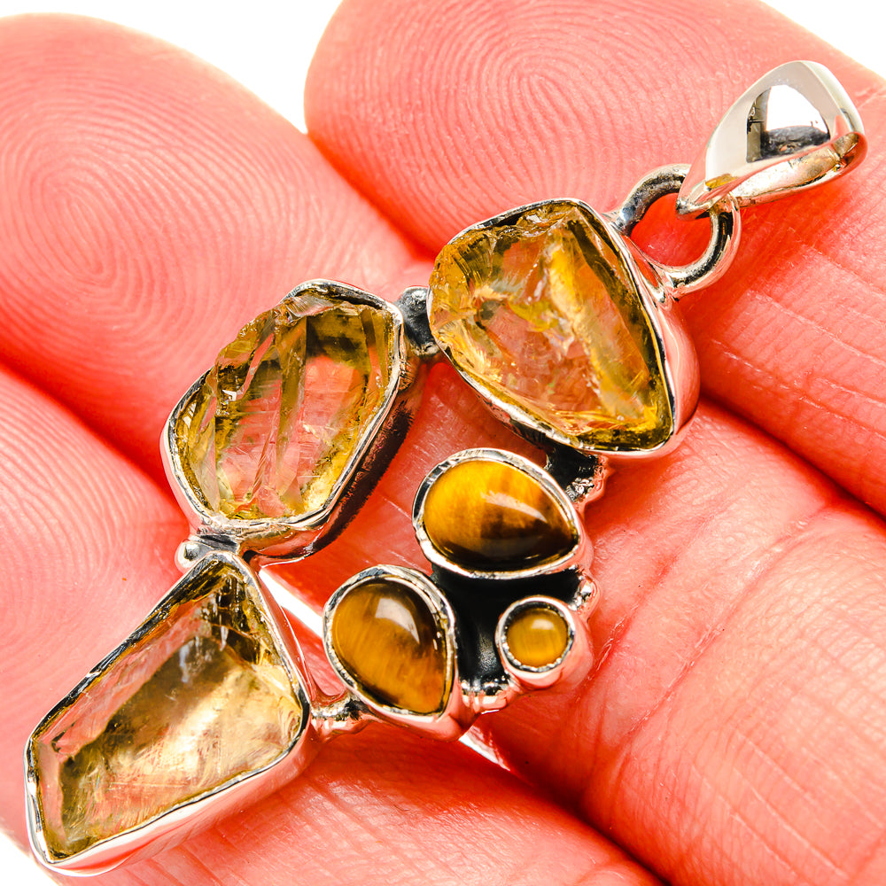 Rough citrine and tiger eye pendant in 925 sterling silver, mixed yellow stones