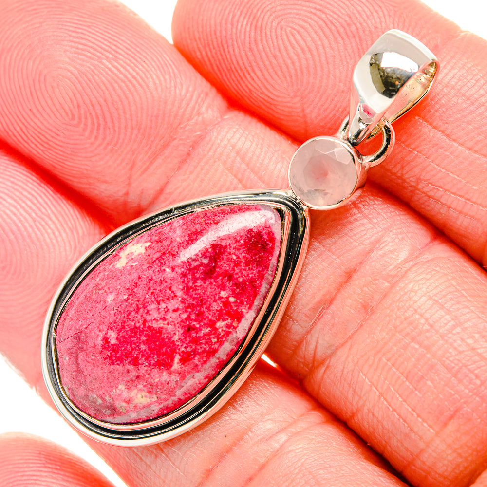 Teardrop rhodochrosite pendant with round rose quartz stone, 925 sterling silver