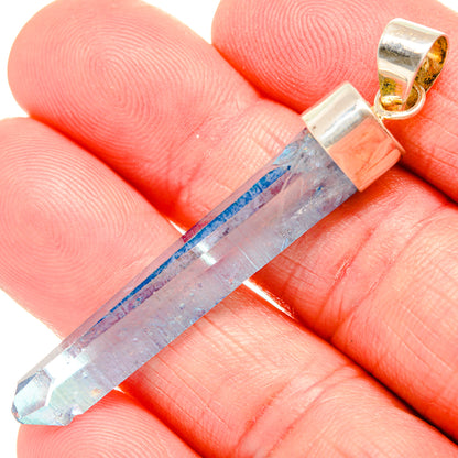 Blue druzy crystal pendant point in sterling silver setting with gold-tone bail