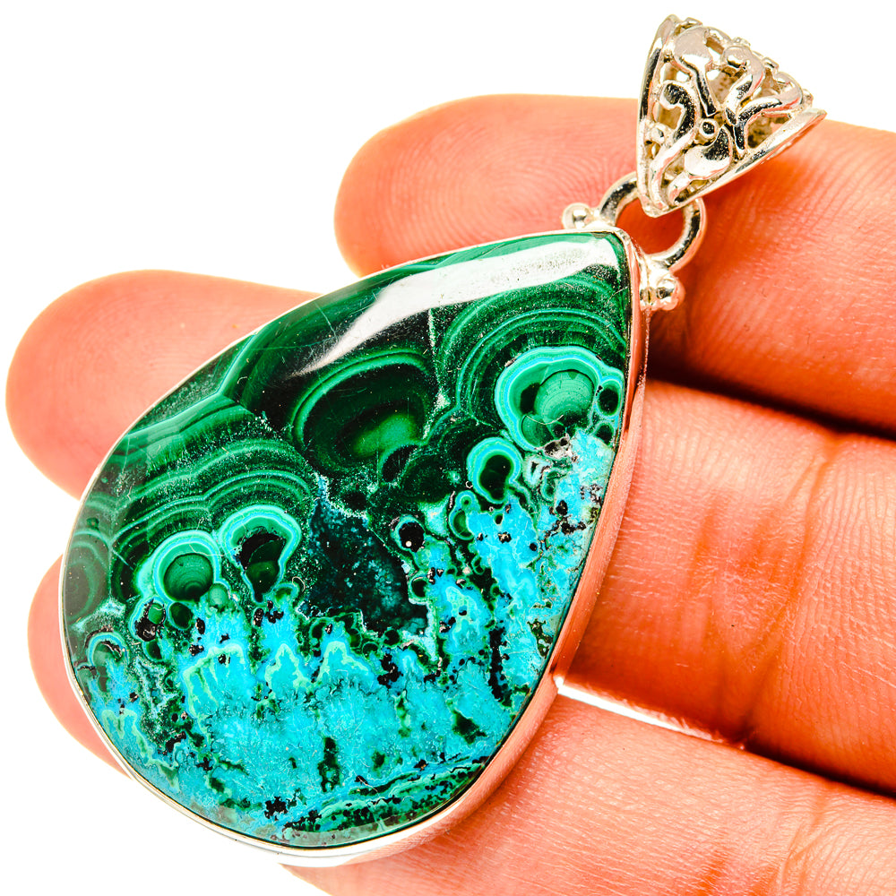 Teardrop malachite and chrysocolla pendant close-up with 925 sterling silver bail