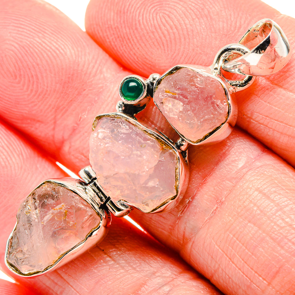 Rough rose quartz and green onyx pendant with 925 sterling silver setting, silver bail