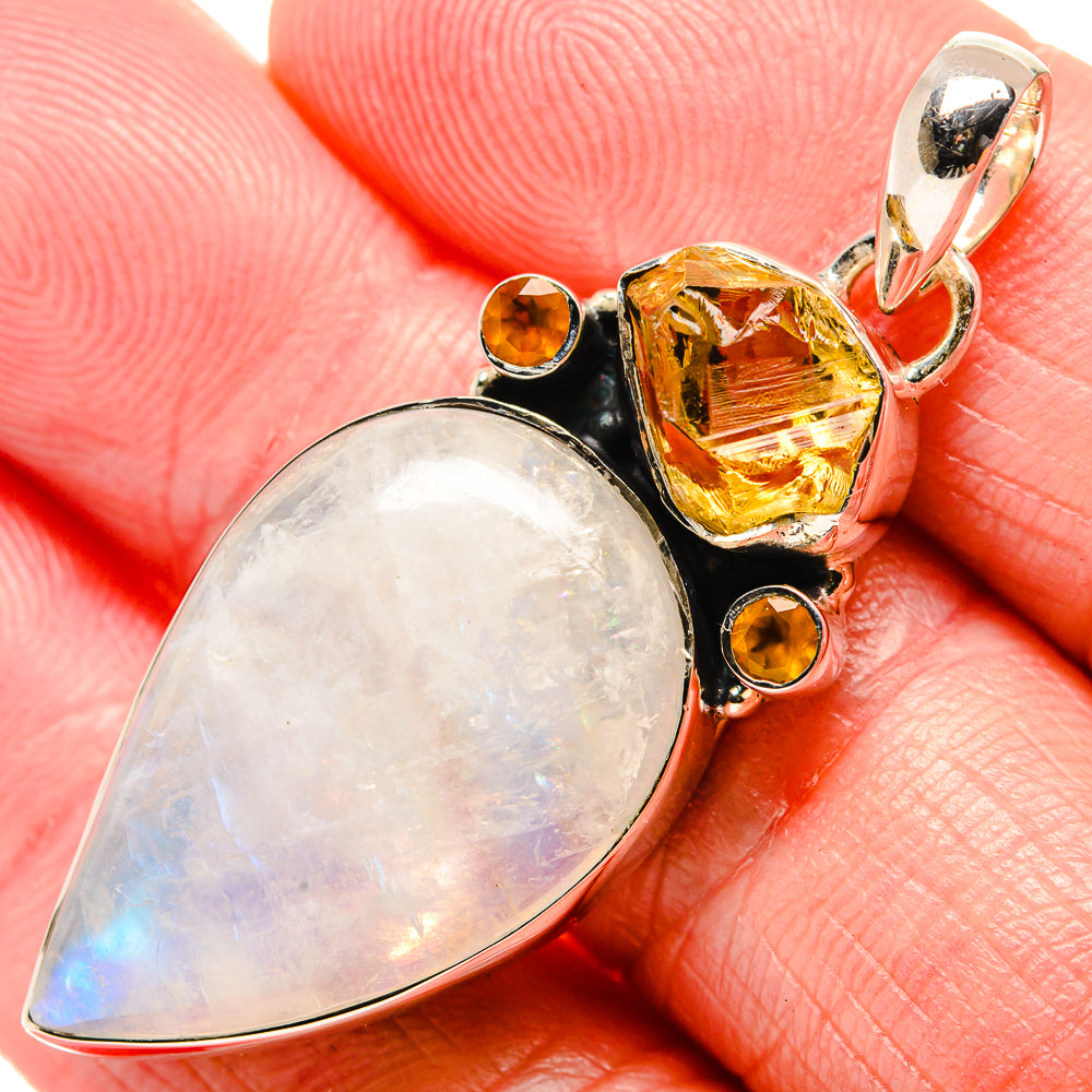Opalescent moonstone teardrop pendant in 925 sterling silver with yellow and orange stones