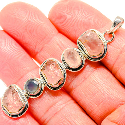 Sterling silver pendant with rough rose quartz stones and blue chalcedony bezel