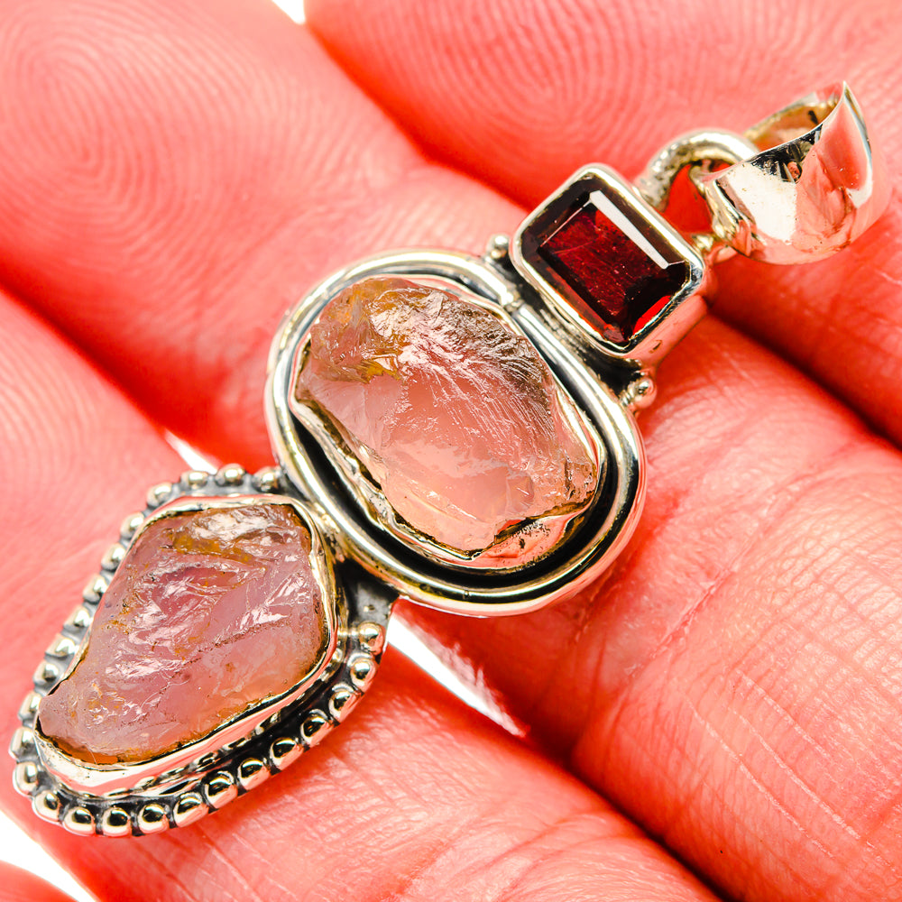 Sterling silver gemstone pendant with rough rose quartz ovals and red garnet squares