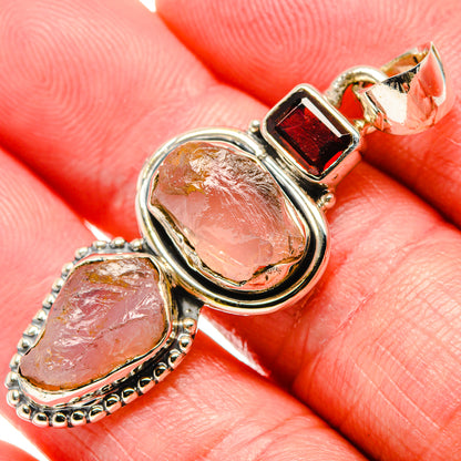 Sterling silver gemstone pendant with rough rose quartz ovals and red garnet squares