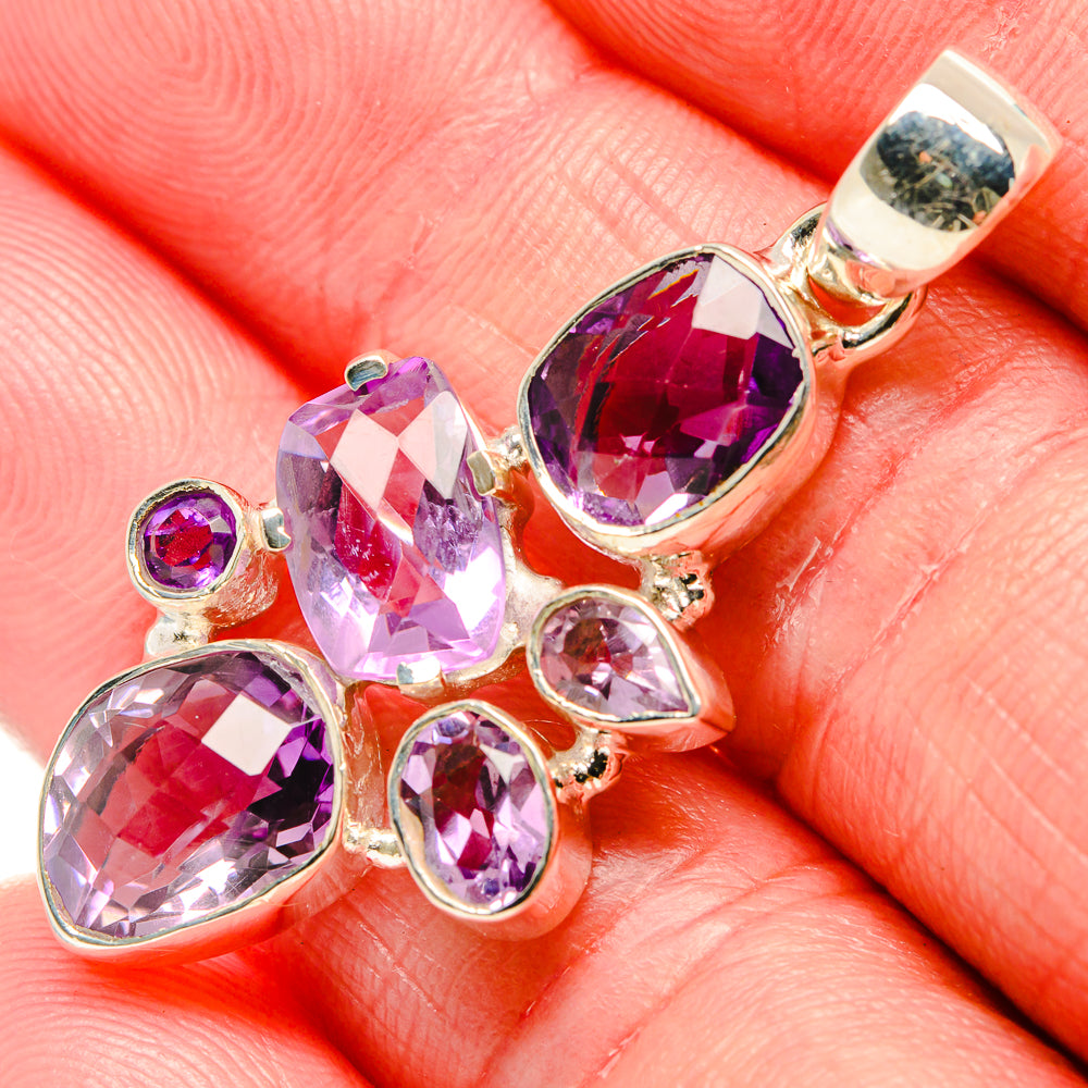 Faceted amethyst pendant detail in 925 sterling silver, large center stone and facets
