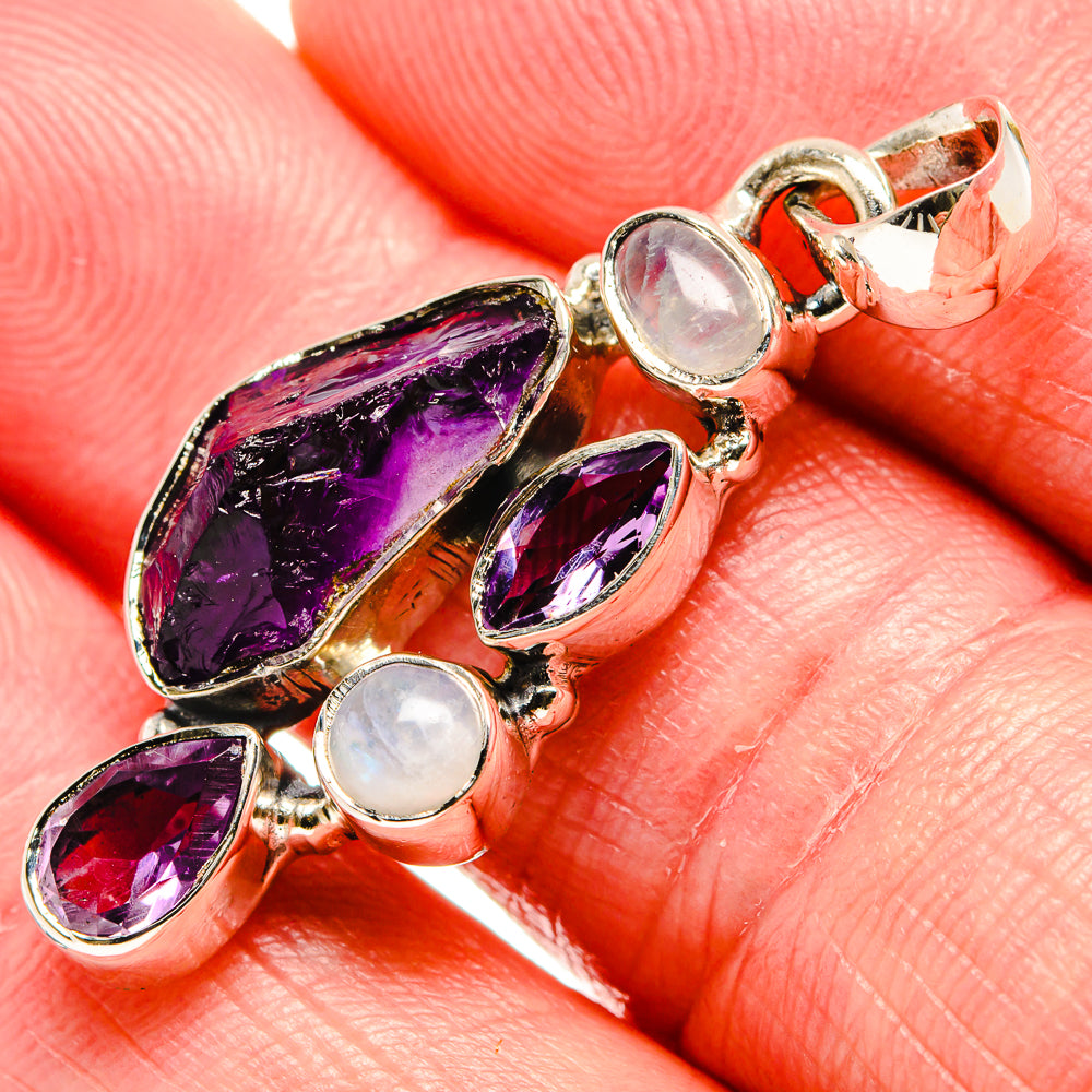 Amethyst and moonstone silver pendant with purple rough teardrop stones and round opal accents