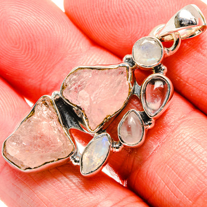 Silver gemstone pendant with pink rough rose quartz and light moonstone teardrops on bail