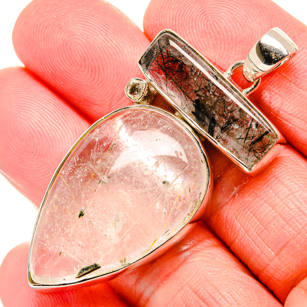 Sterling silver gemstone pendant: oval pink quartz and rectangular black quartz inset