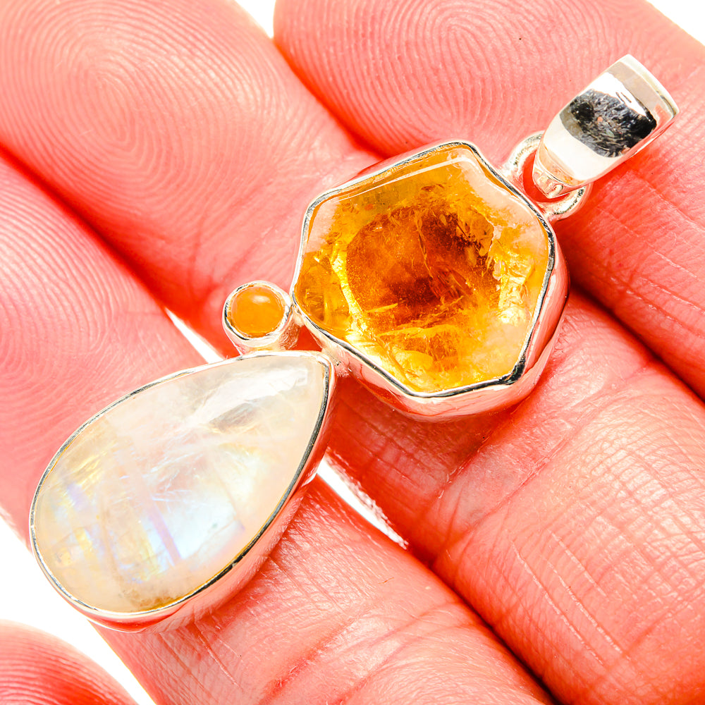 Citrine and opalescent moonstone pendant in 925 sterling silver with small round orange accent