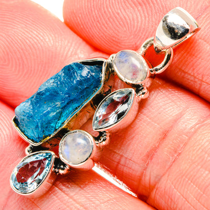 925 sterling silver pendant with rough blue gemstone, opal round stones, faceted blue accents