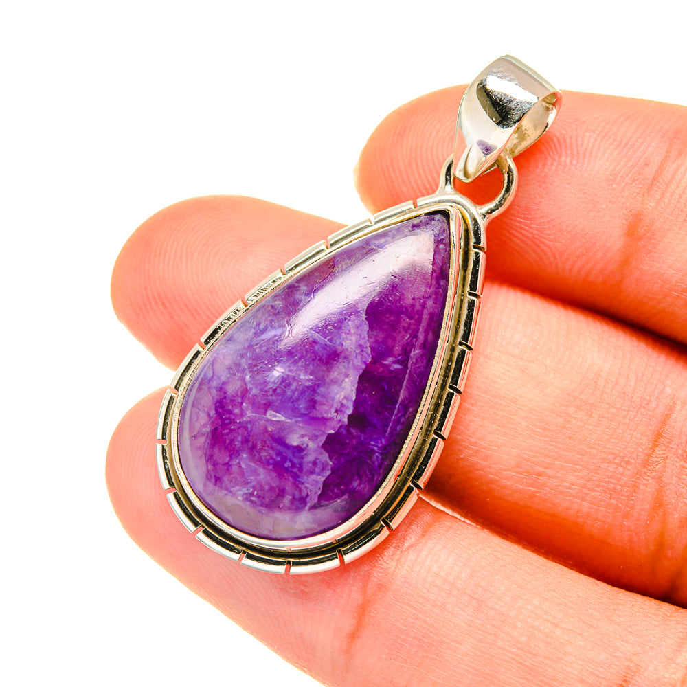Charoite teardrop pendant in 925 sterling silver with deep purple cabochon and bail