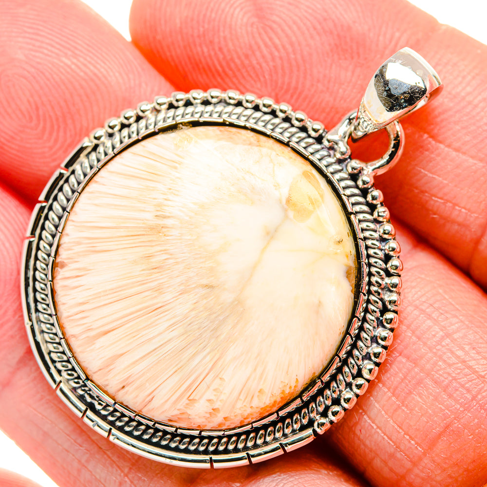 Round scolecite pendant in 925 sterling silver with textured bezel and small bail