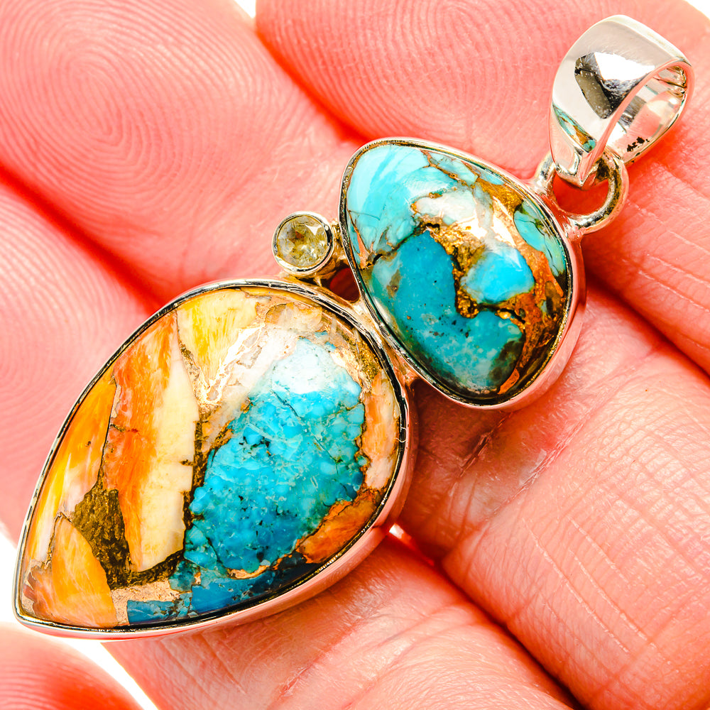 Sterling silver double-heart pendant with turquoise and white quartz stones, small round stone
