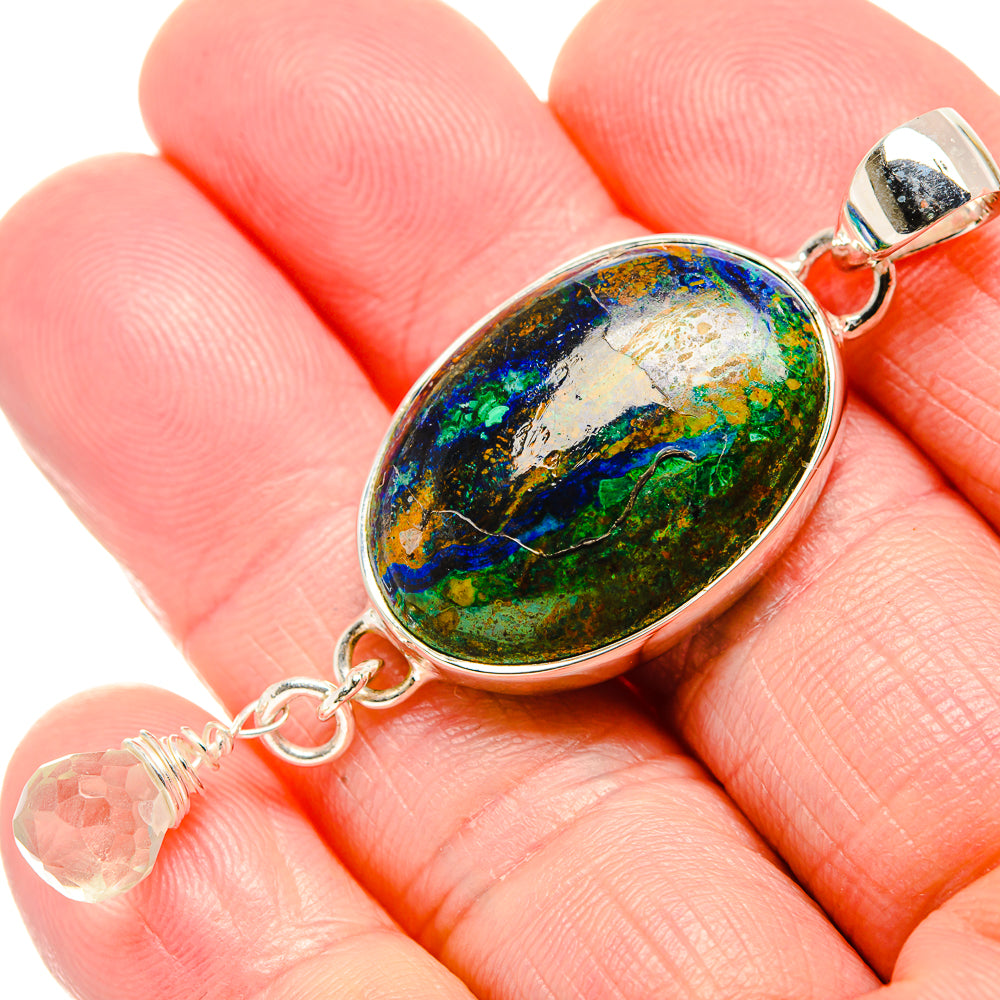 Oval azurite-and-quartz pendant with blue-green stone, 925 sterling silver bail and links