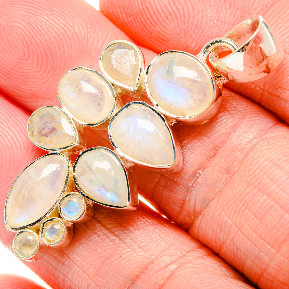 Oval rainbow moonstone pendant cluster in 925 sterling silver with secure loop bail