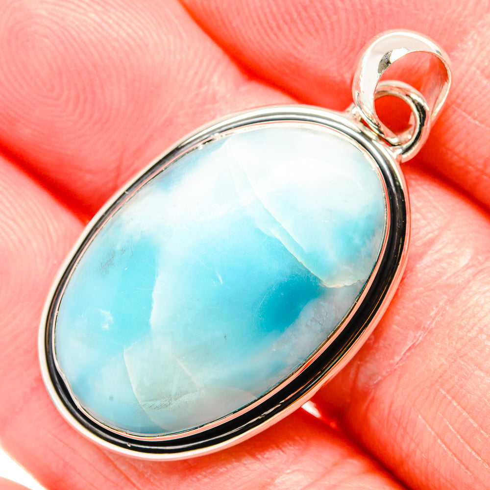 Larimar pendant close-up, oval sterling silver bezel with top teardrop bail