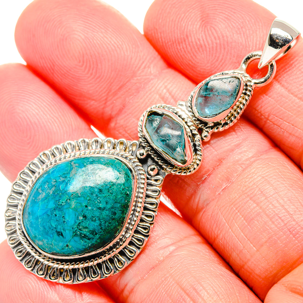 925 sterling silver pendant with large oval turquoise chrysocolla and two smaller stones