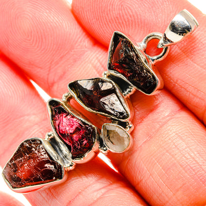 Rough dark red gemstone pendant in 925 sterling silver setting, open round bail