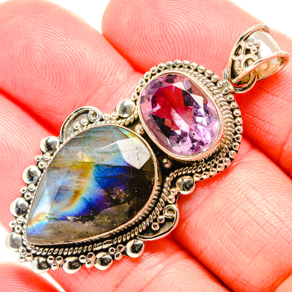 Pendant bail and two stones: oval amethyst, labradorite heart in filigree frame