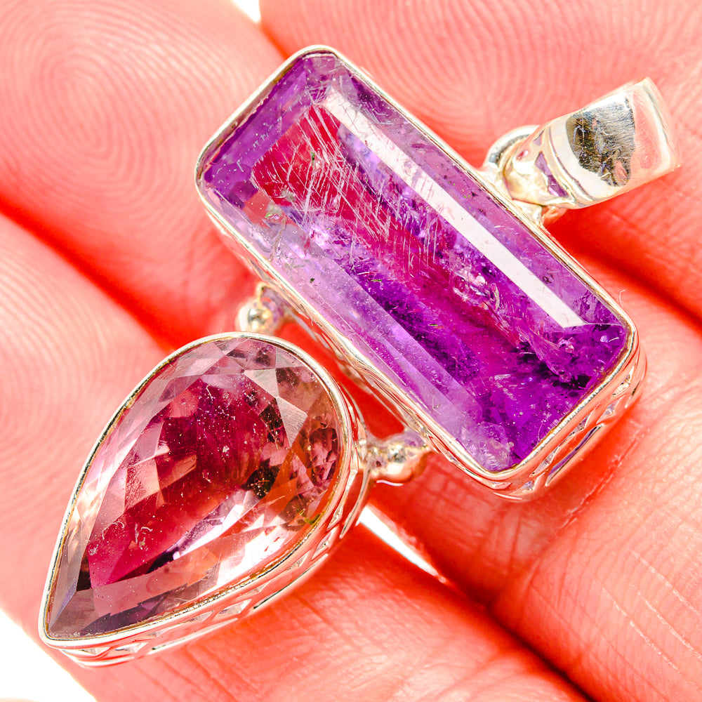 Sterling silver pendant with faceted purple amethyst rectangular stone and ametrine teardrop