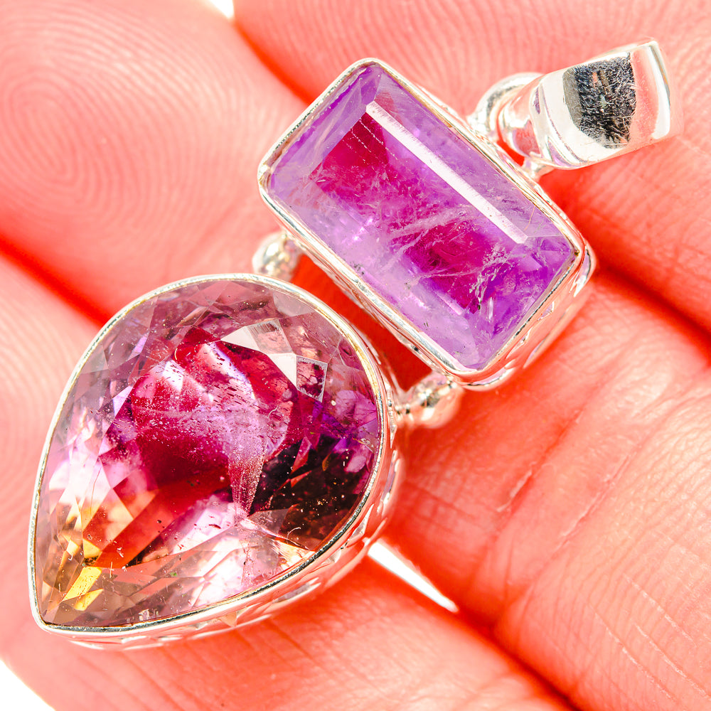 Sterling silver pendant with square purple amethyst stone and oval faceted stone