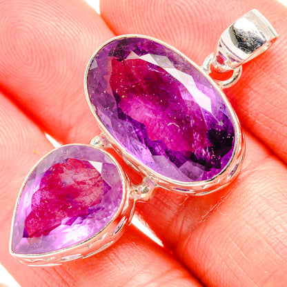 Faceted amethyst pendant in 925 sterling silver, two oval stones, side view