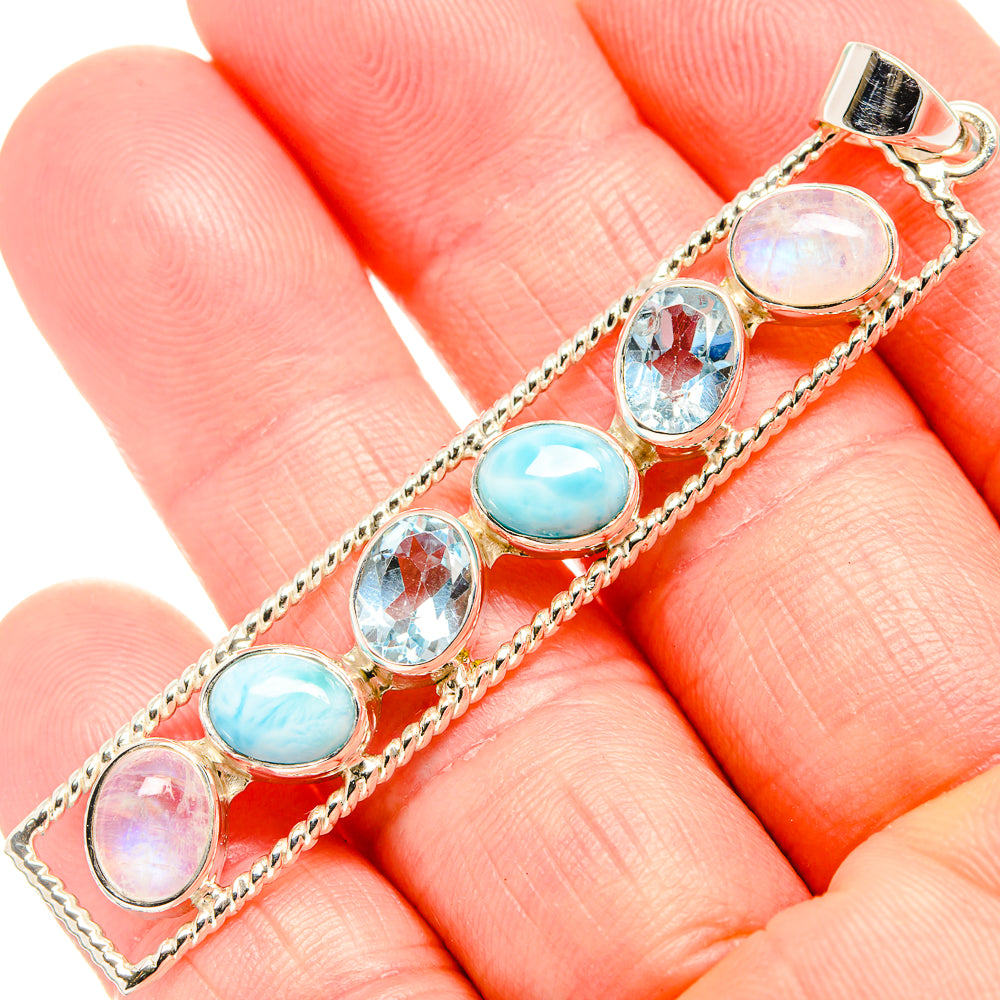 Sterling silver pendant bar with blue topaz, larimar, and rainbow moonstone gems
