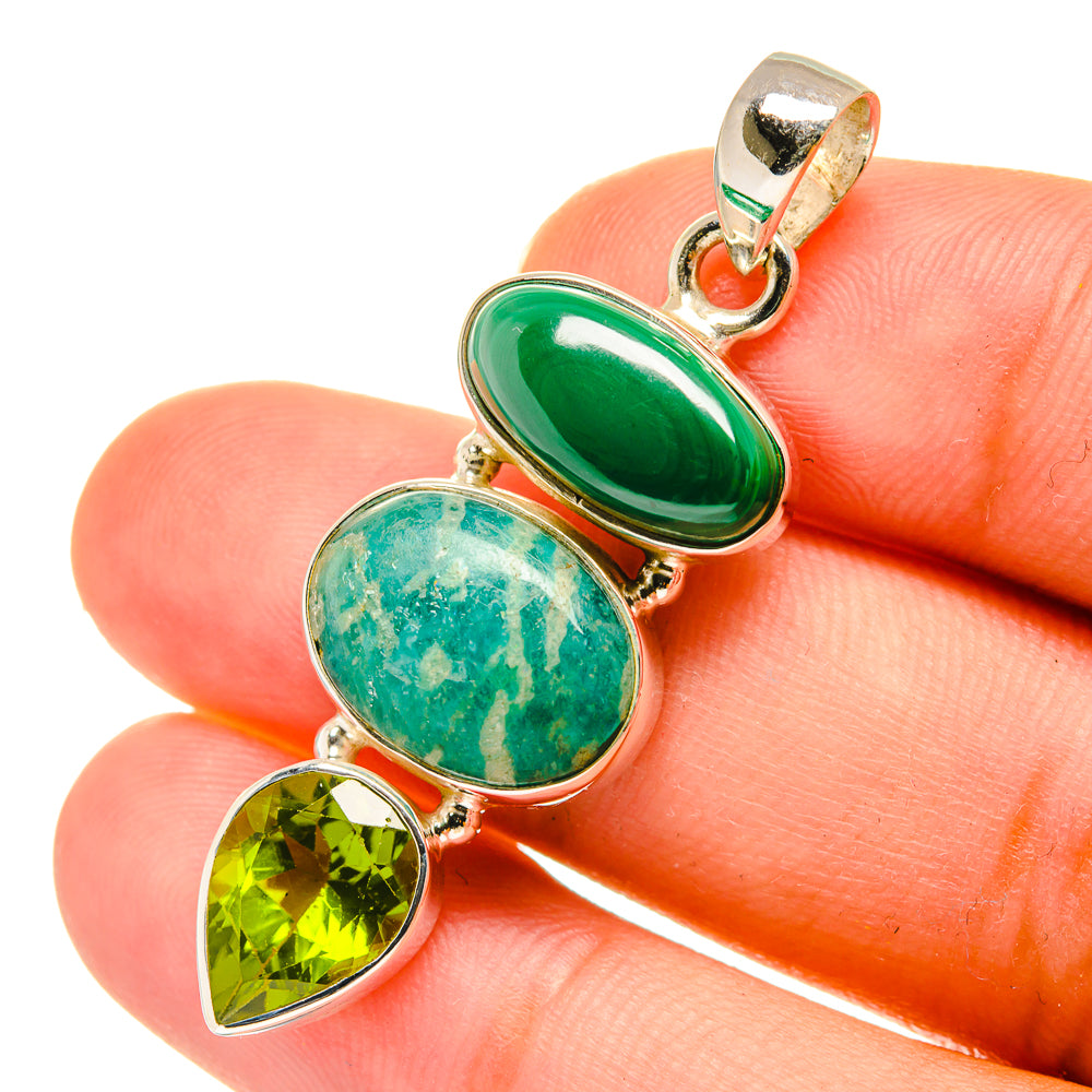 Tri-stone pendant with green oval, turquoise oval, peridot pear; gold-tone 925 silver bail loop