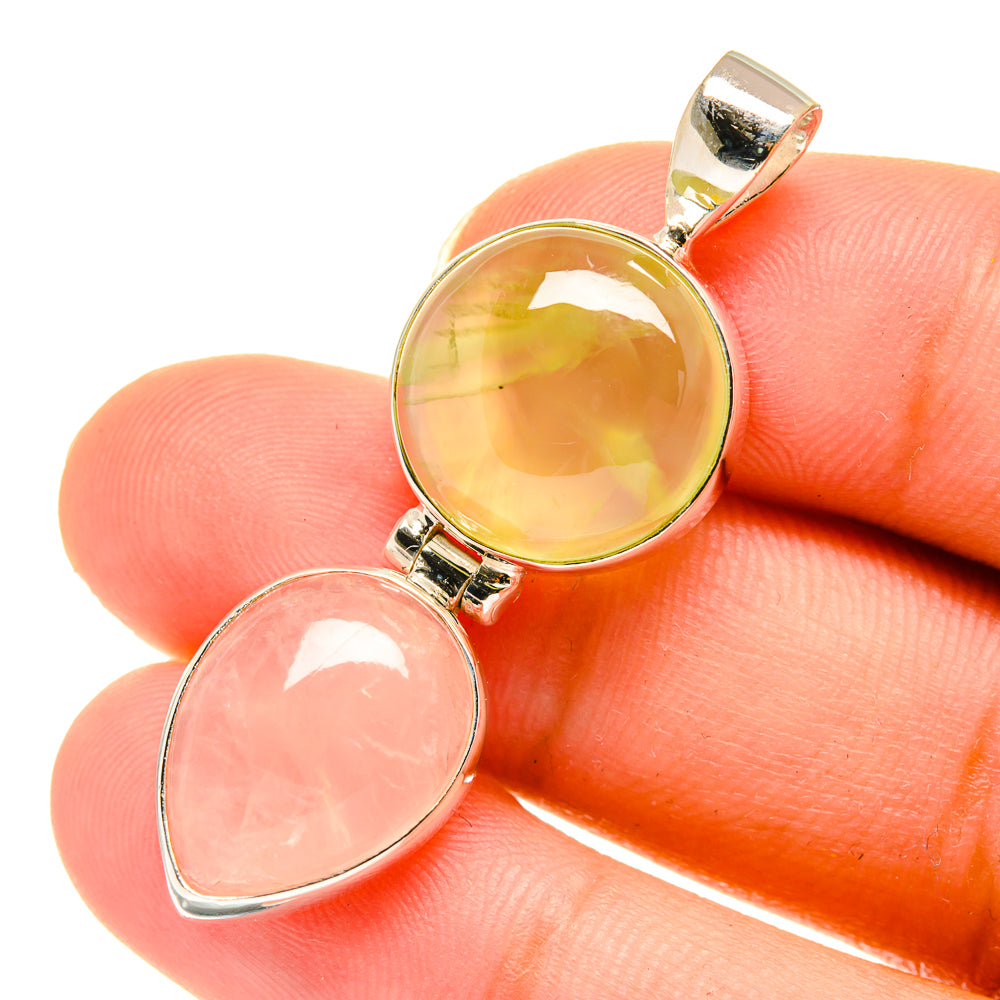 Sterling silver pendant with oval rose quartz and pale green prehnite stones